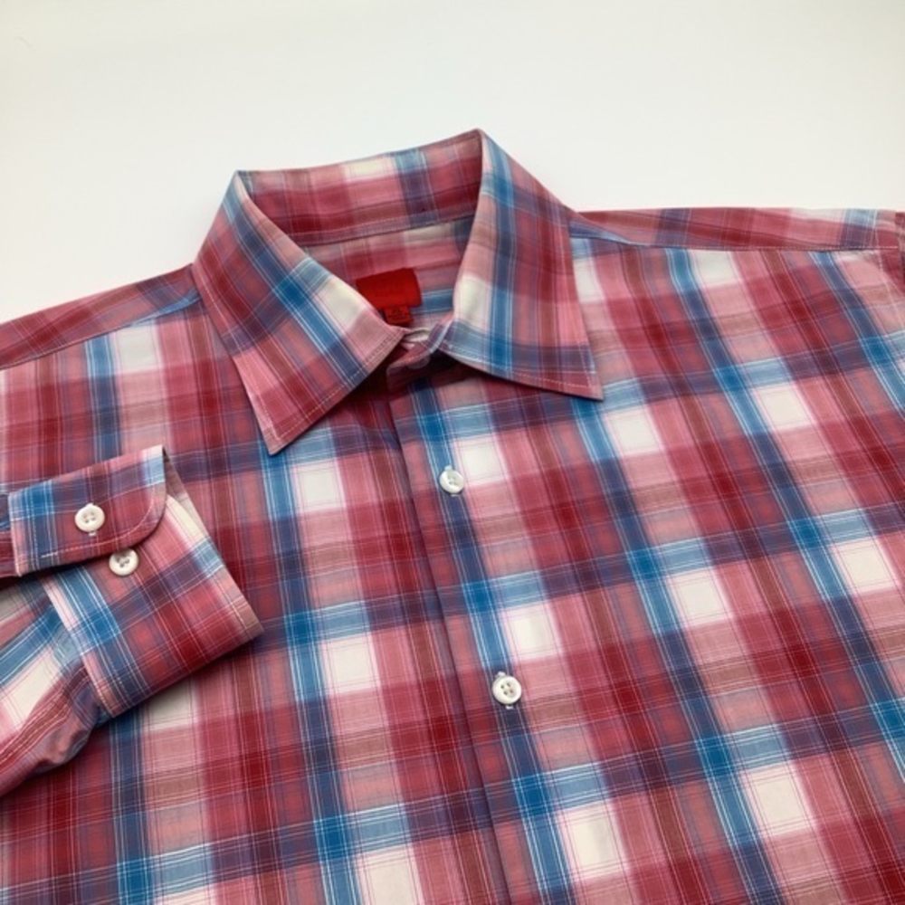 Saks Fifth Avenue Mens Long Sleeve Button Up Plaid Shirt Pink Size XL.